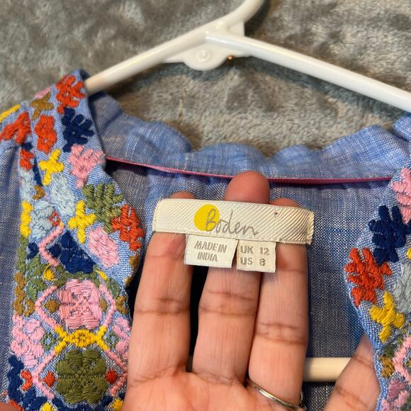 Boden Embroidered Midi Kaftan Chambray Dress Size 8 Blue 100% Linen - Picture 3 of 5